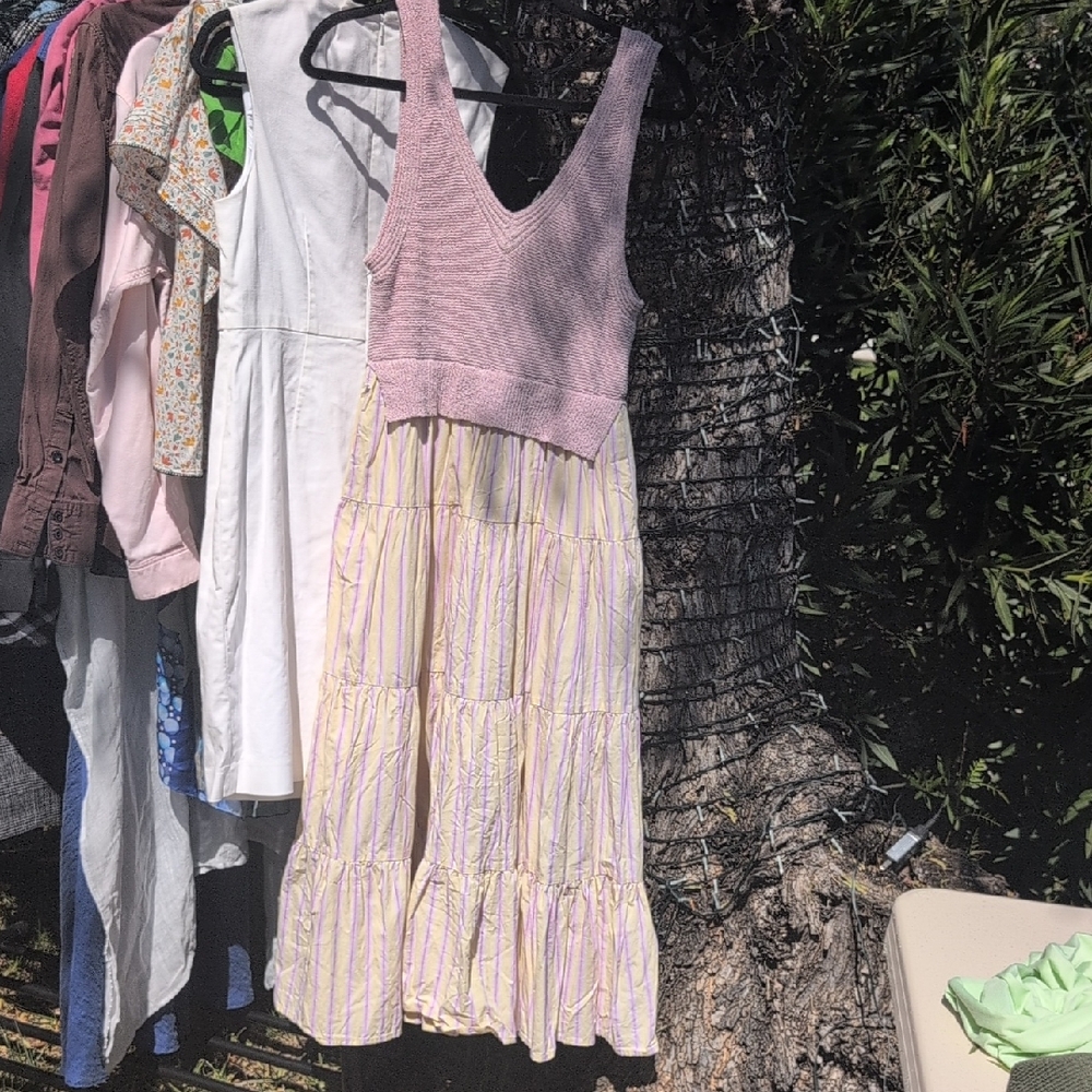 En Saison Pink Knit Bodice with Cream & Yellow Striped Skirt Dress